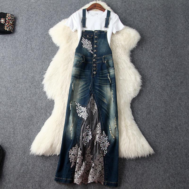 Embroidered Lace Denim Overall Dress - YOUXIZT
