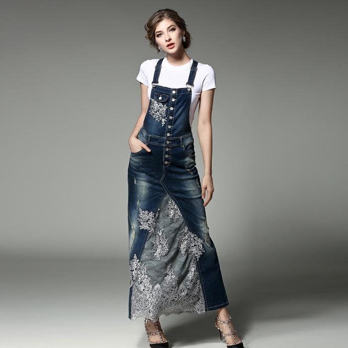 Embroidered Lace Denim Overall Dress - YOUXIZT