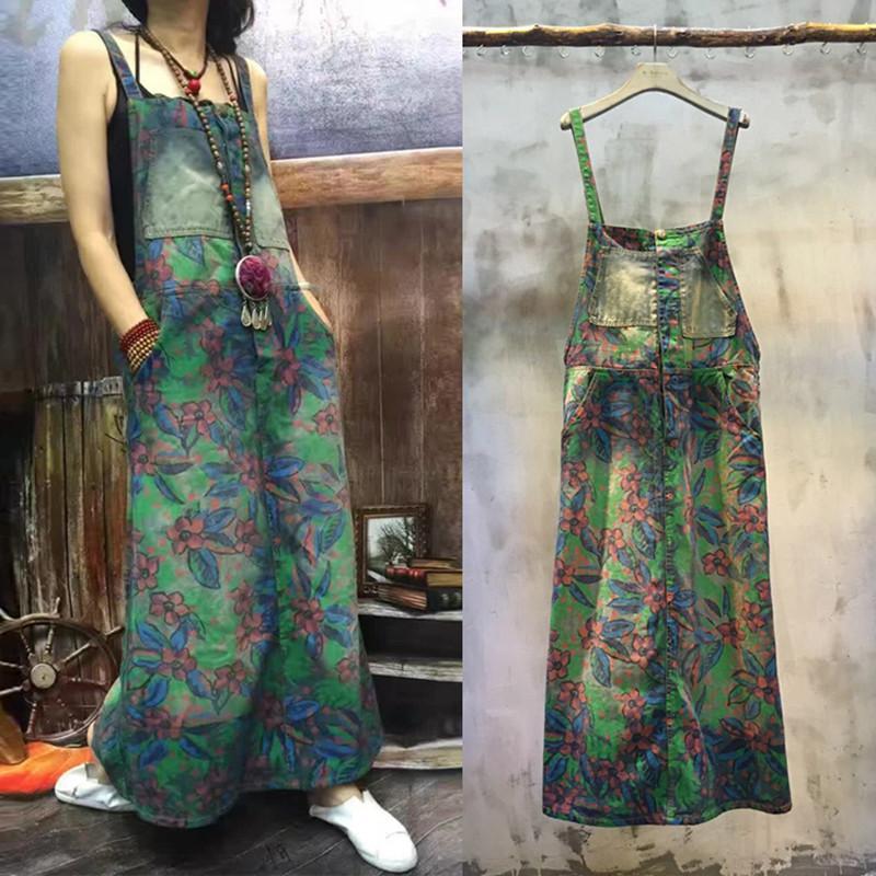 Floral Long Denim Overall Dress - YOUXIZT