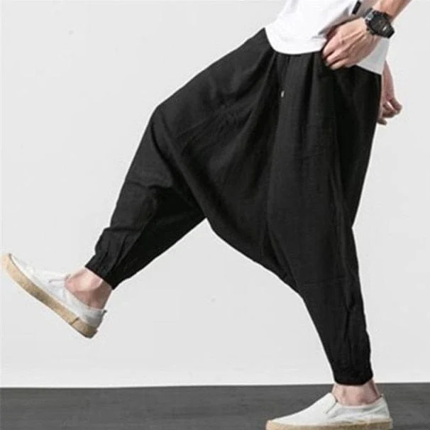Cotton and Linen Drop Crotch Harem Pants - YOUXIZT