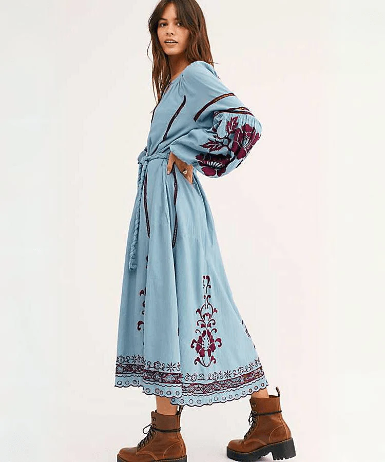 Boho Chic Blue & Red Embroidered Dress - YOUXIZT