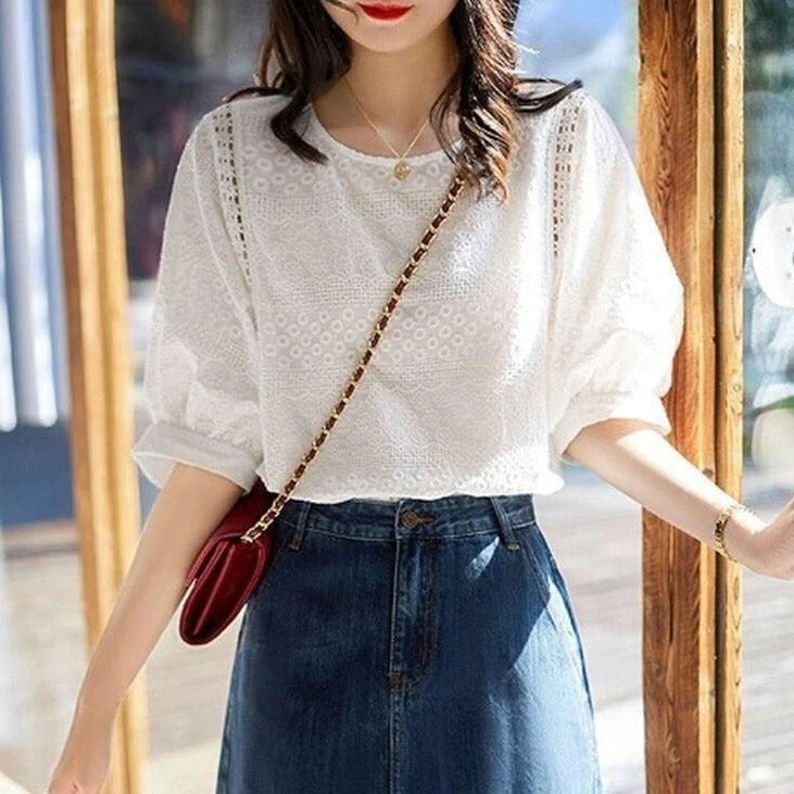 Amber Embroidery Half-Sleeve Blouses - VERGITR