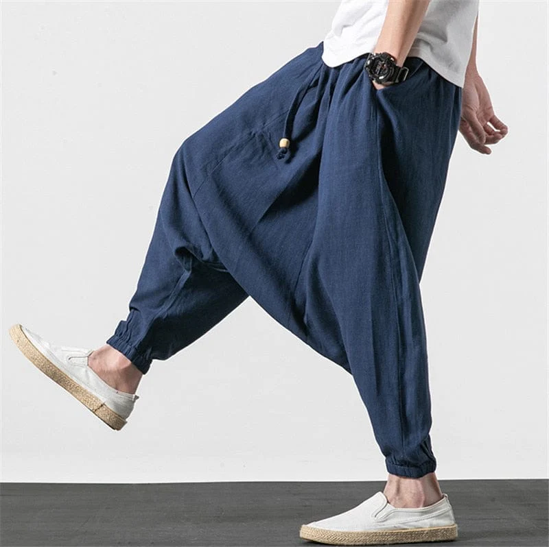 Cotton and Linen Drop Crotch Harem Pants - YOUXIZT
