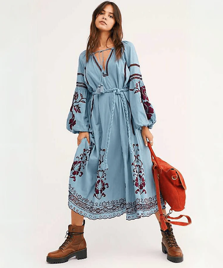 Boho Chic Blue & Red Embroidered Dress - YOUXIZT