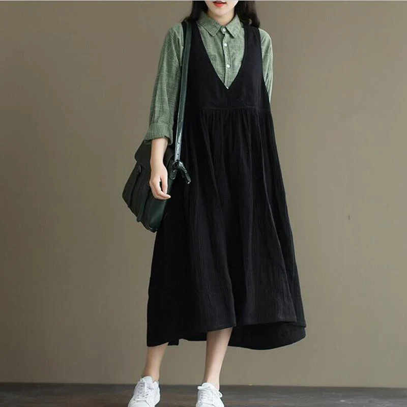 Casual Cotton Linen Overall Dress - YOUXIZT
