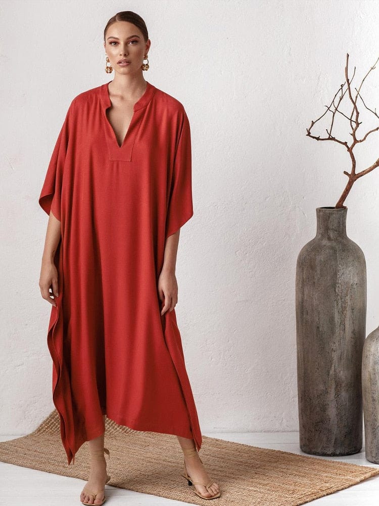 Long Red V-neck Maxi Dress - YOUXIZT