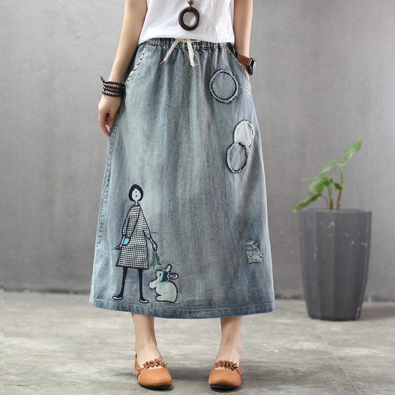 Embroidered Patchwork Kawaii Denim Skirt - YOUXIZT