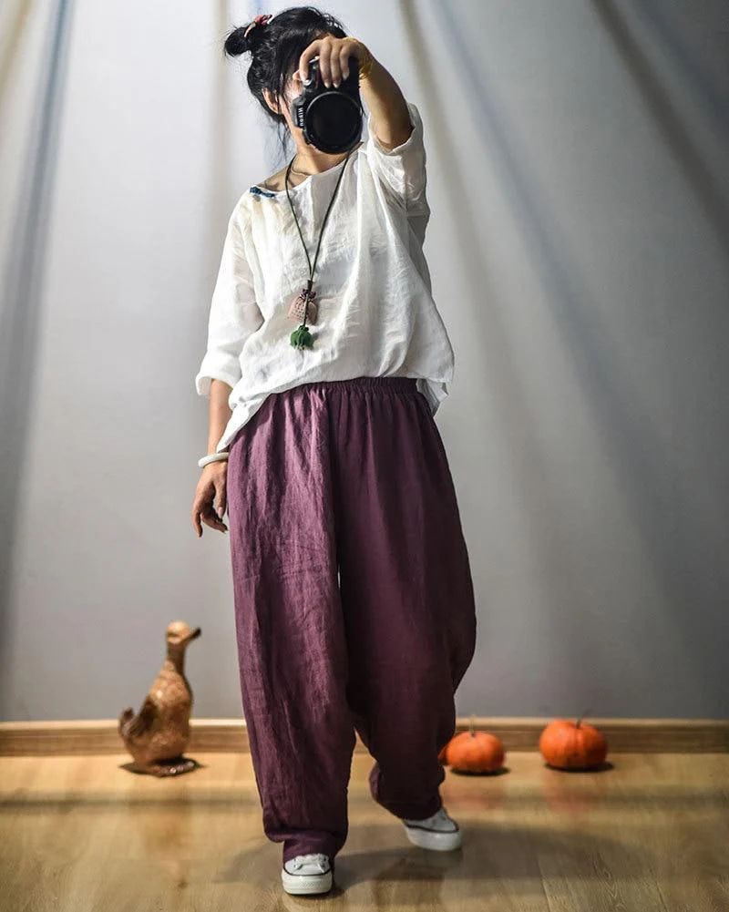 Elastic Waist Linen Trousers - YOUXIZT