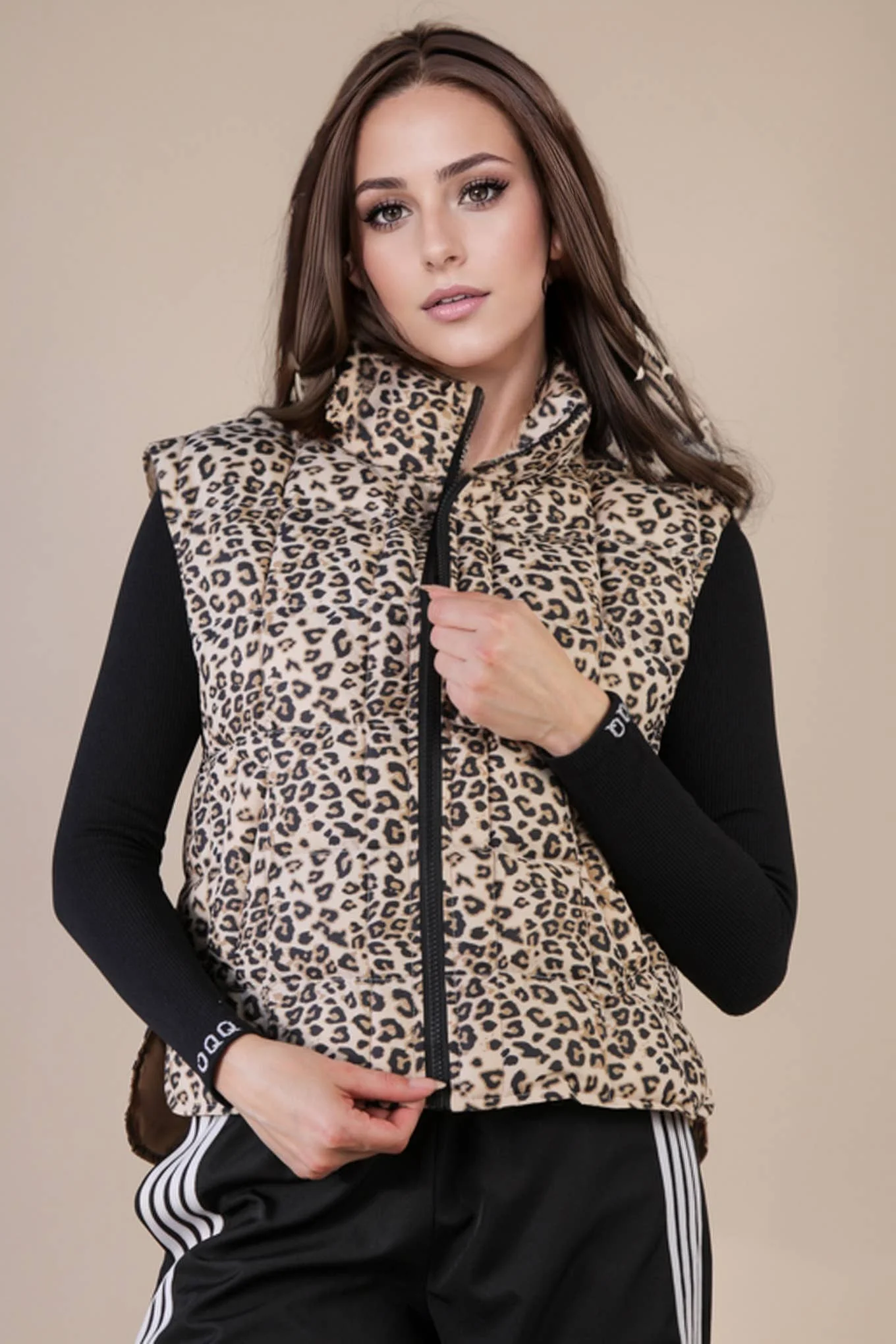 Solid & Leopard Puffer Padded Warm Vest: LEOPARD - XAYUYUE