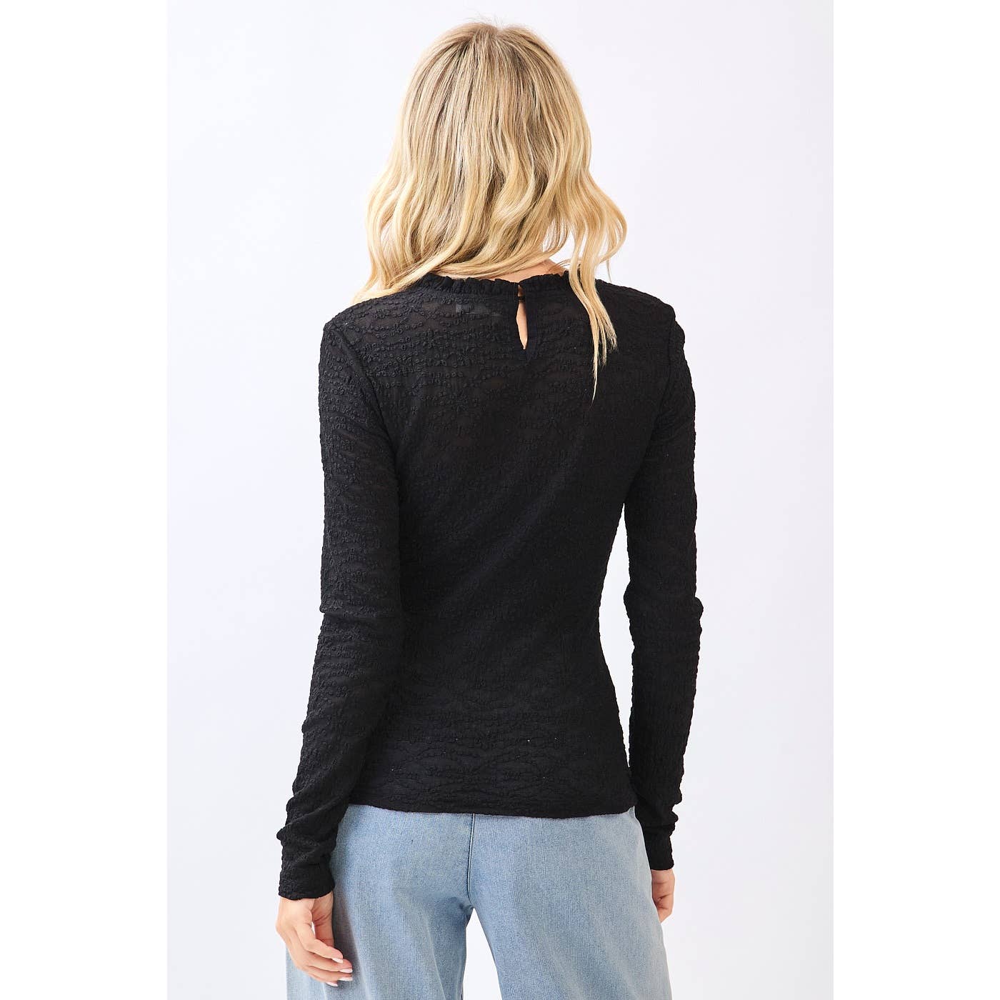 LACE LONG SLEEVE RUFFLE NECK LAYERING TOP: BLACK - XAYUYUE