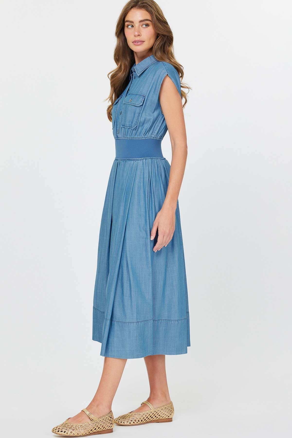Cap Sleeve Midi Length Shirt Dress - XAYUYUE