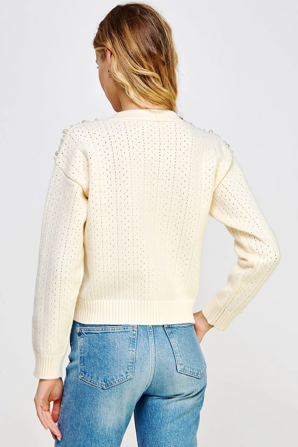 Pearl Studded Eyelet Knit Cardigan Sweater - XAYUYUE