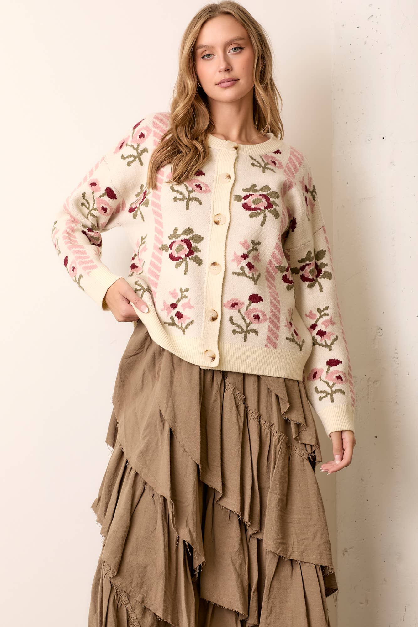 FLORAL INTARSIA SWEATER CARDIGAN: CREAM / M - XAYUYUE