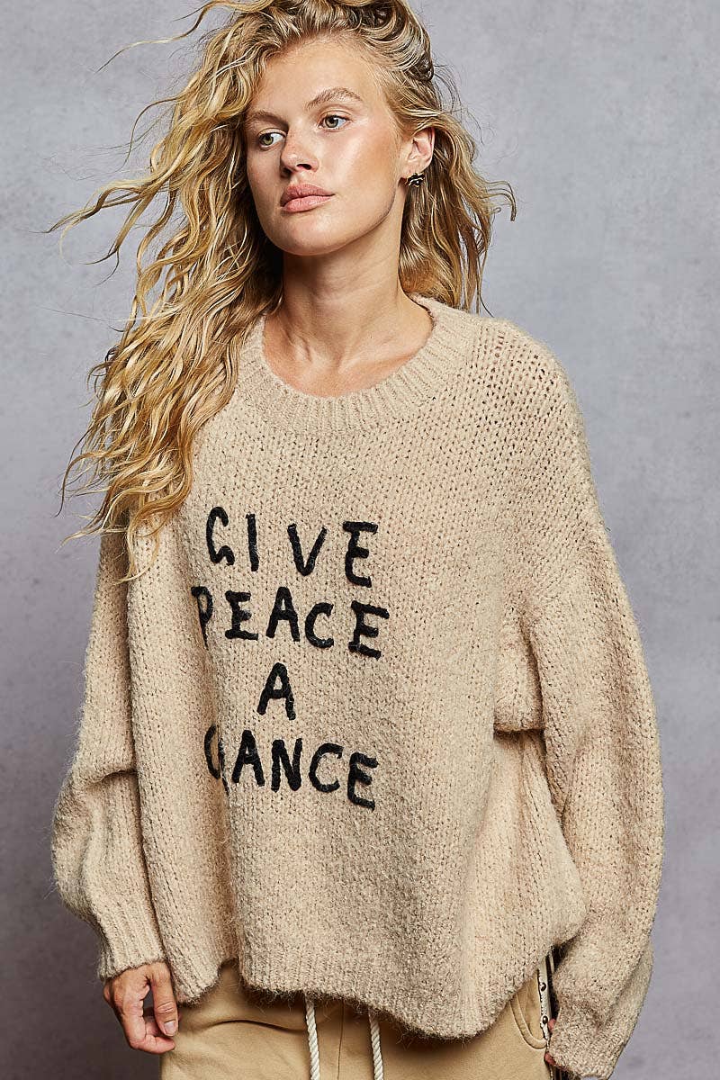 Give Peace A Chance Knit Sweater Top: OATMEAL - XAYUYUE