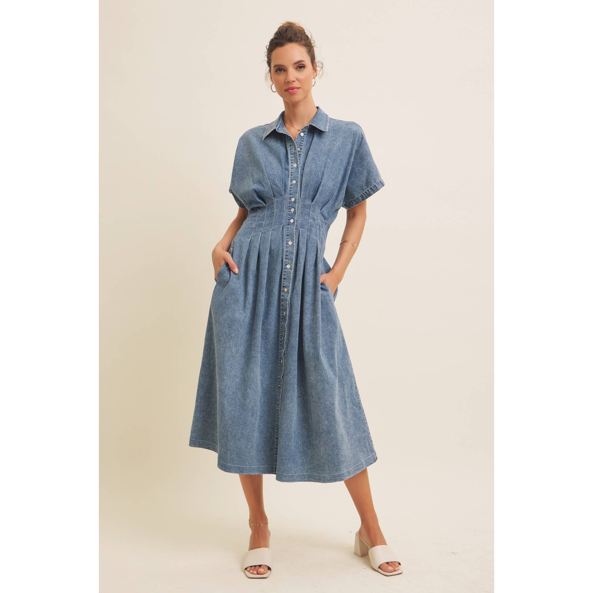 STRETCHY DENIM MIDI DRESS WITH MINERAL-WASHED: WASHED DENIM / L - XAYUYUE