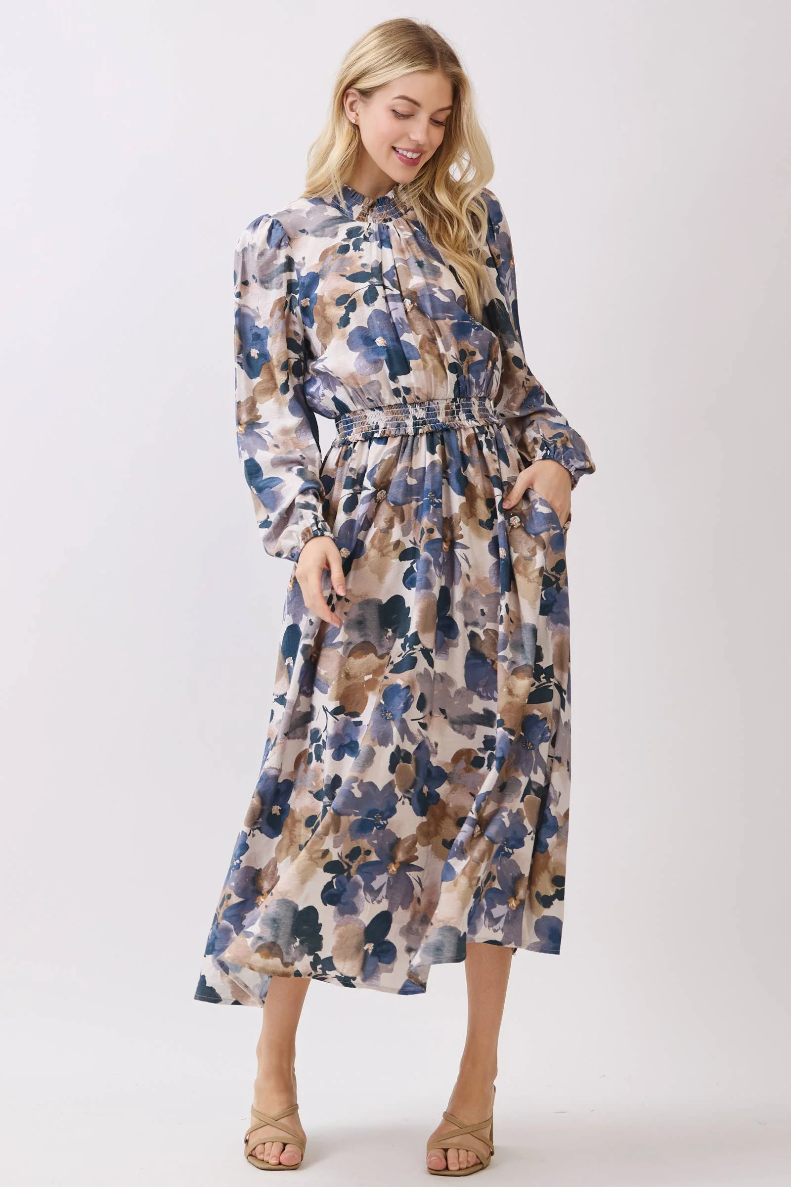 SMOCK NECK & WAIST RUFFLE MAXI FRONT SLIT DRESS: PURPLE BLUE - XAYUYUE