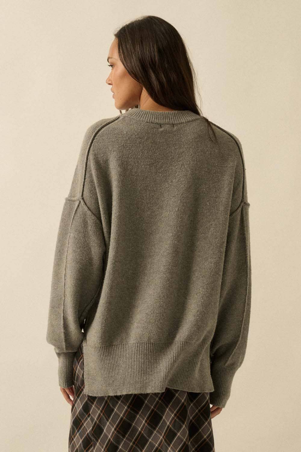 Embroidered Tigers Solid Knit Exposed-Seam Sweater: Grey - XAYUYUE