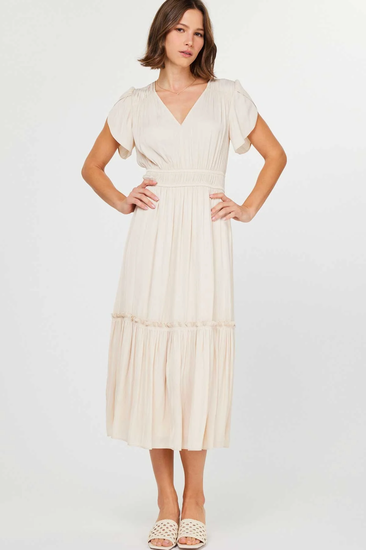 V-neck Tiered Midi Dress - XAYUYUE