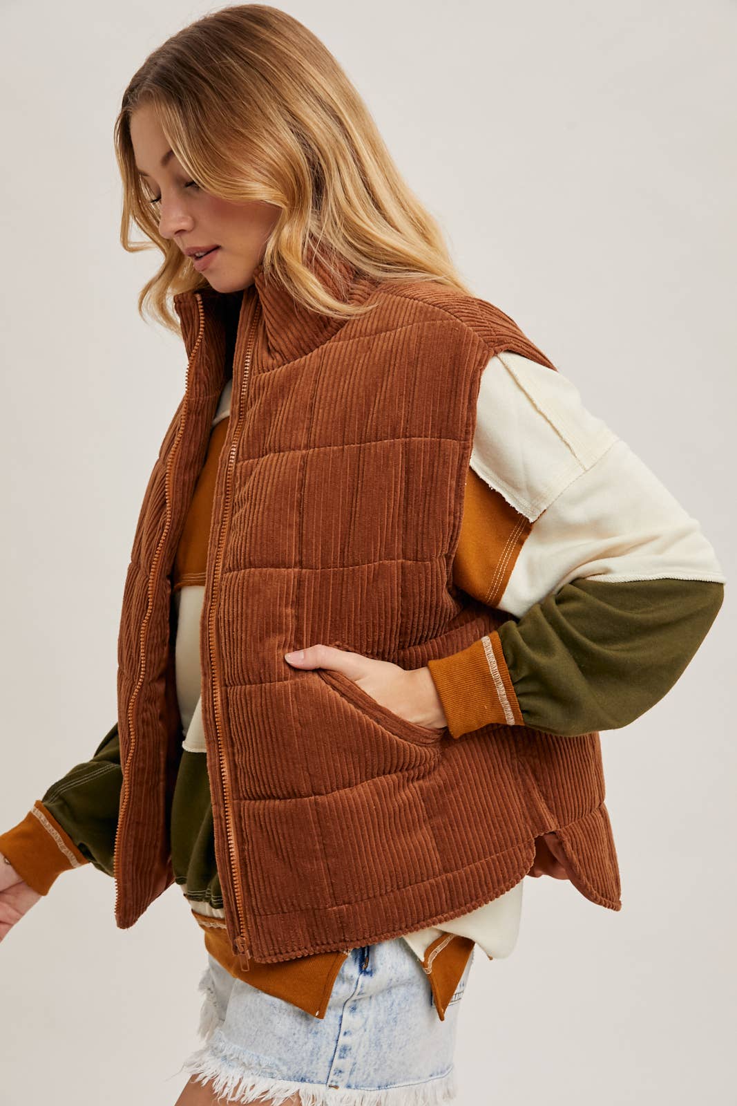 CORDUROY QUILTED PUFFER VEST: CAMEL / M - XAYUYUE