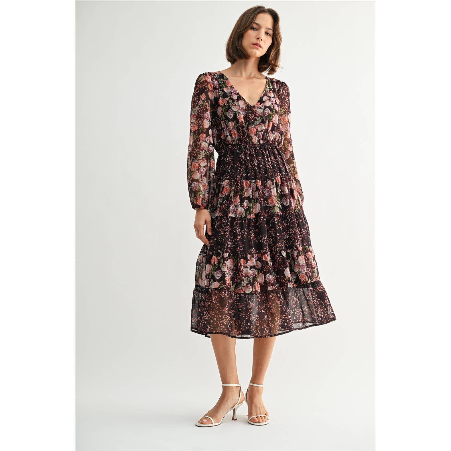 MIX FLOWER V NECK MIDI DRESS: Burgundy - XAYUYUE