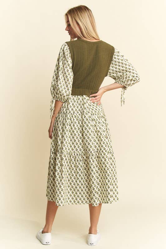 Floral Print Mixed Media Tiered Midi Dress : Olive - XAYUYUE
