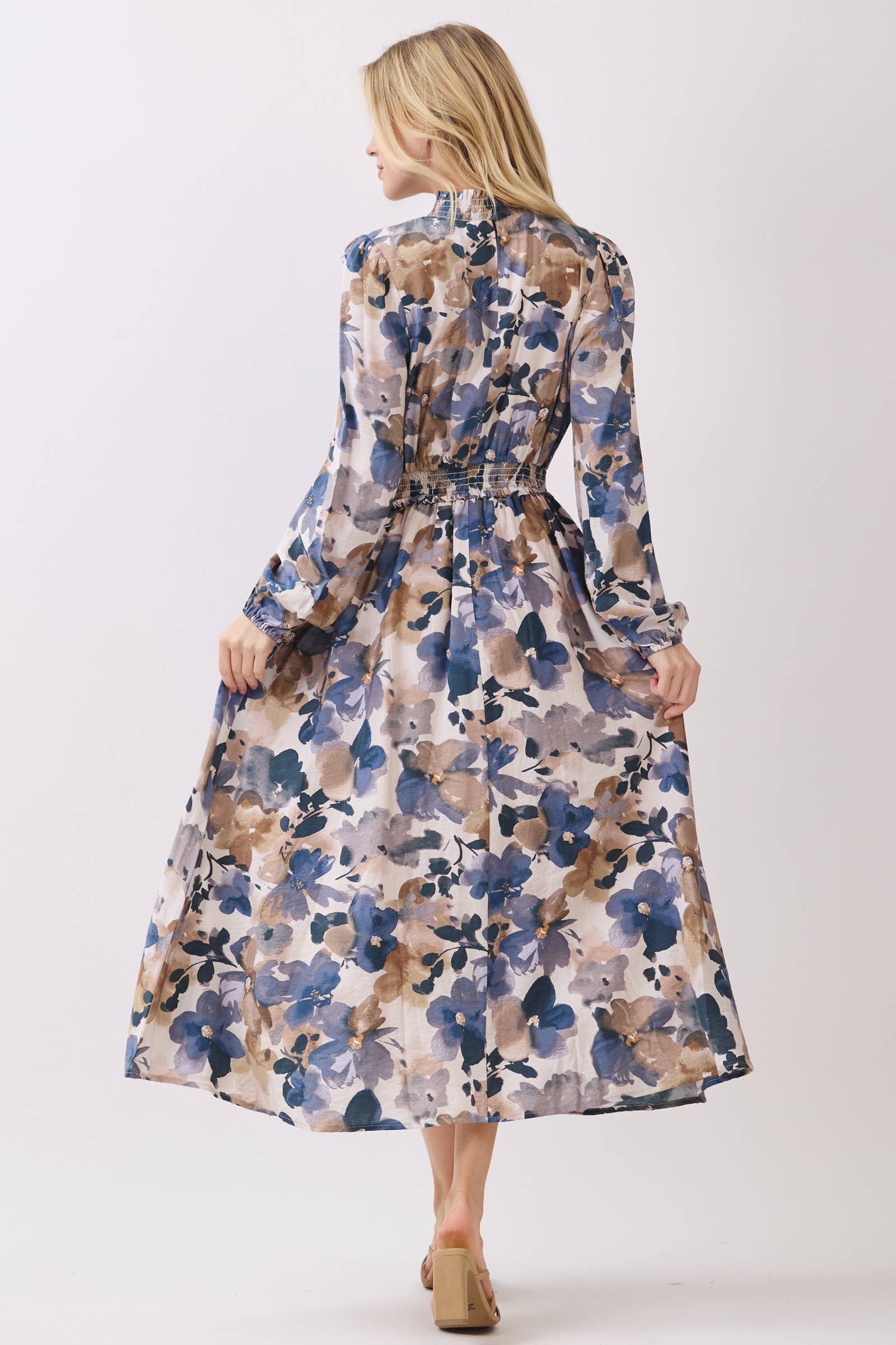 SMOCK NECK & WAIST RUFFLE MAXI FRONT SLIT DRESS: PURPLE BLUE - XAYUYUE