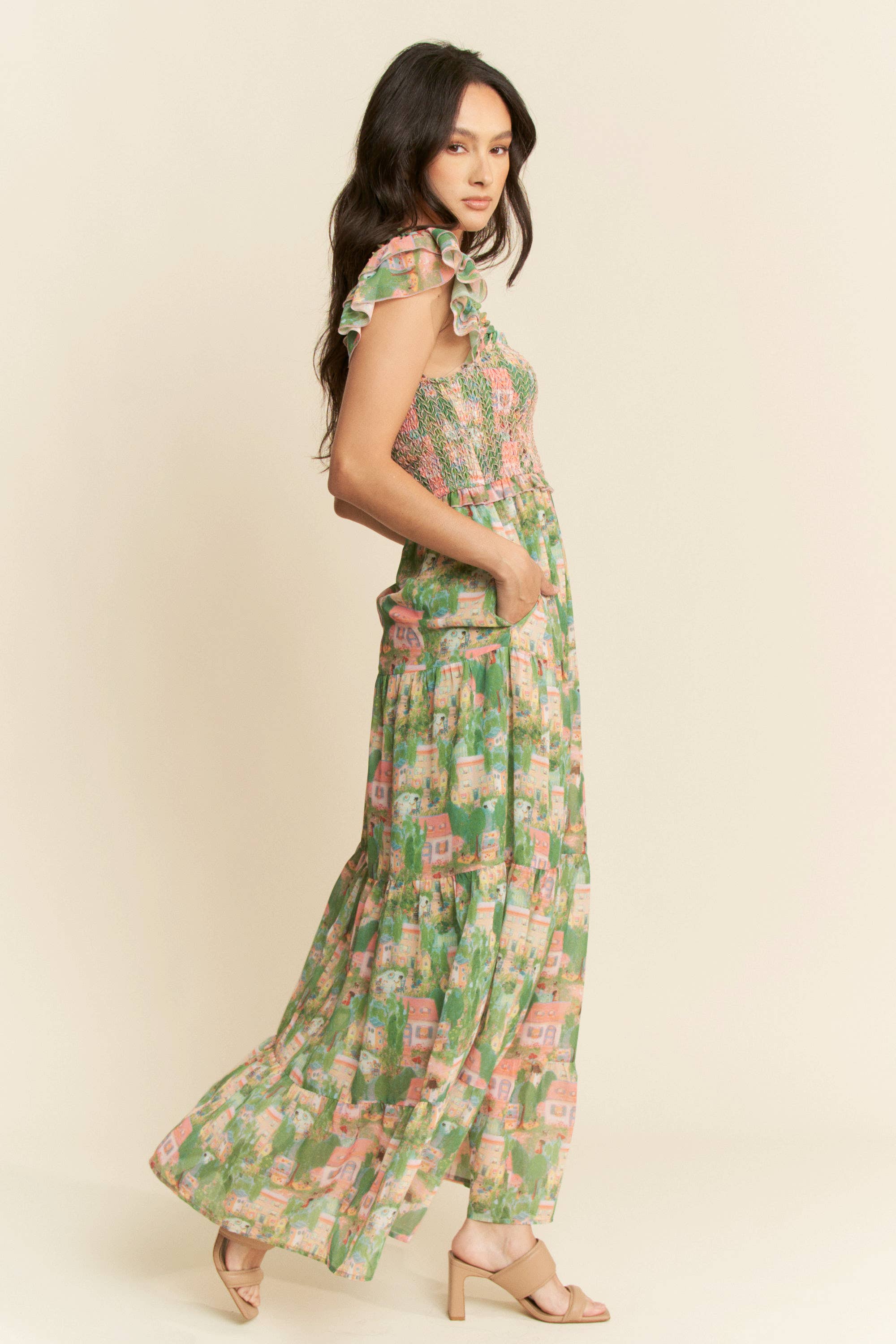 VILLAGE SMOCKING BODICE RUFFLE SLEEVE MAXI DRESS: Pink green / S - XAYUYUE