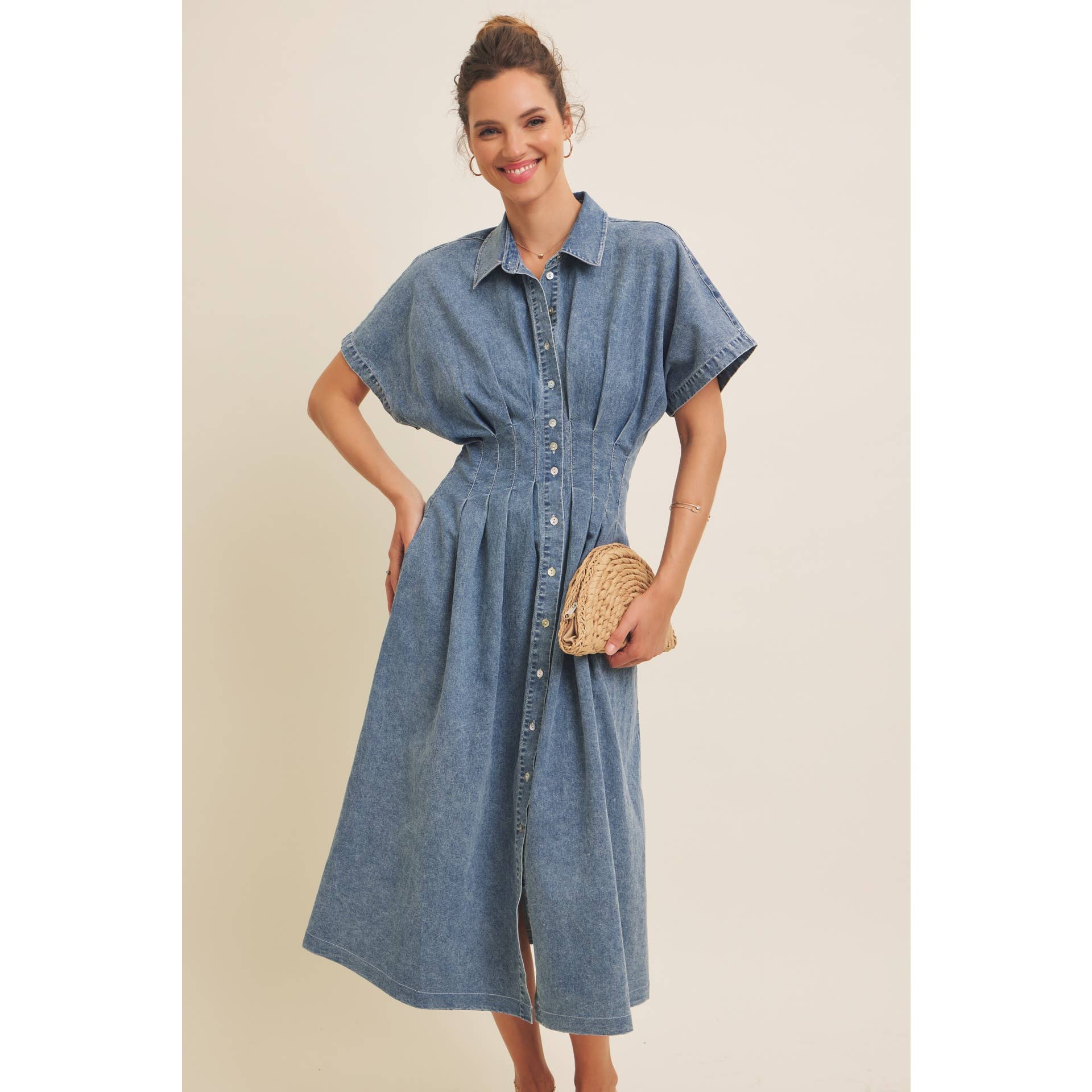STRETCHY DENIM MIDI DRESS WITH MINERAL-WASHED: WASHED DENIM / L - XAYUYUE