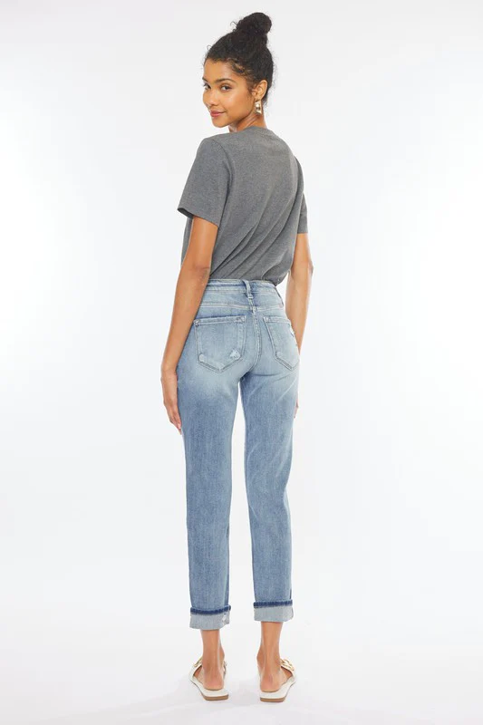 Medium Wash High Rise Cuffed Mom Jeans - XAYUYUE