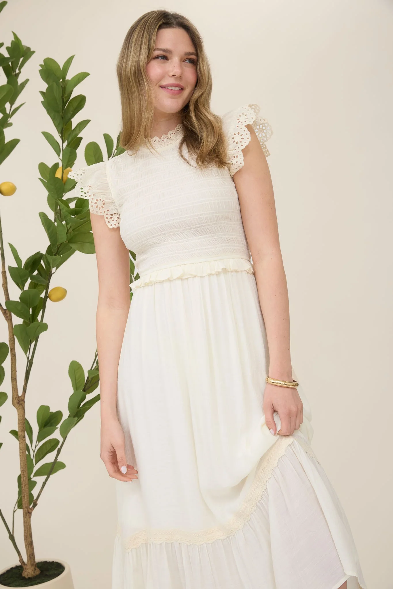 Smocked Eyelet Trim Ruffle Detail Midi Dress - XAYUYUE