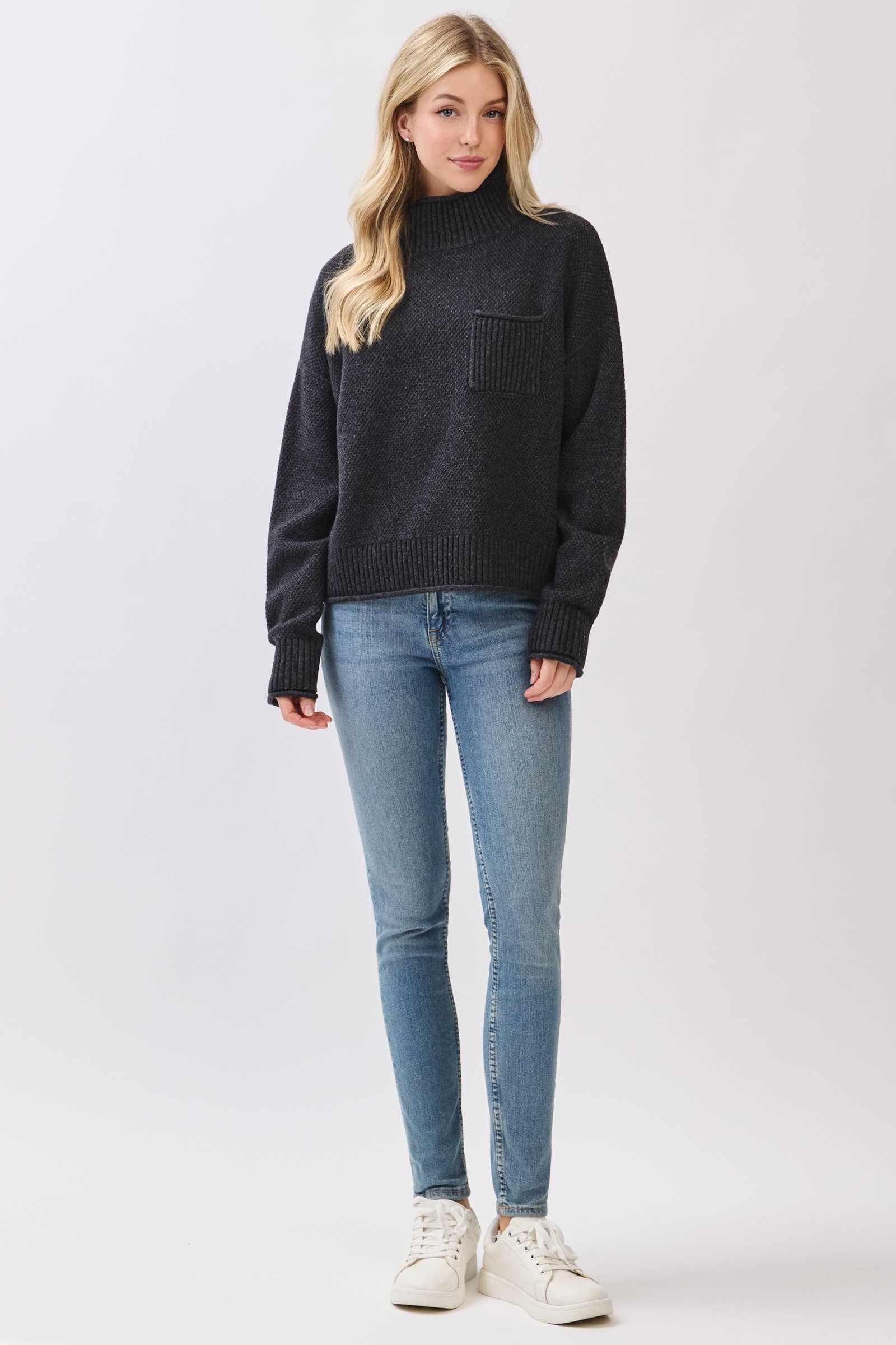 Mock Neck Long Sleeve Sweater Top: Charcoal - XAYUYUE