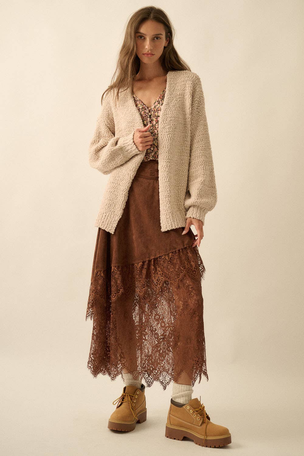 Textured Popcorn Knit Open-Front Cardigan - XAYUYUE