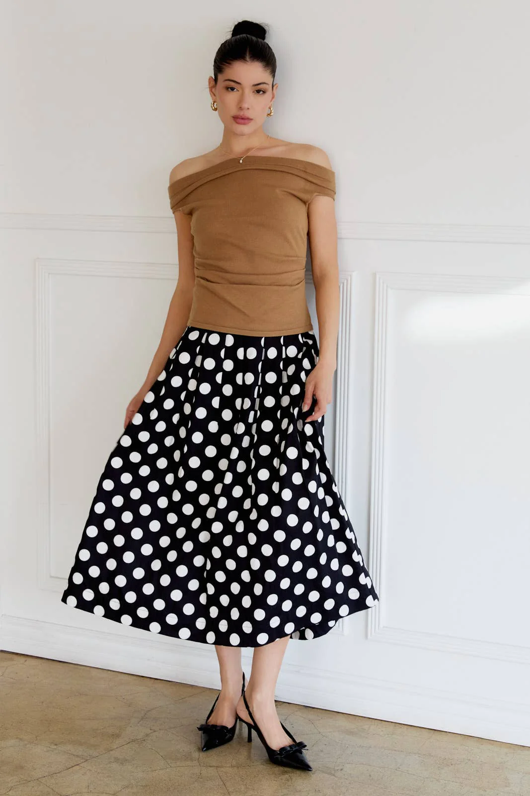 POLK DOT PLEATED CIRCLE MIDI SKIRT: BLACK-WHITE DOT / S - XAYUYUE