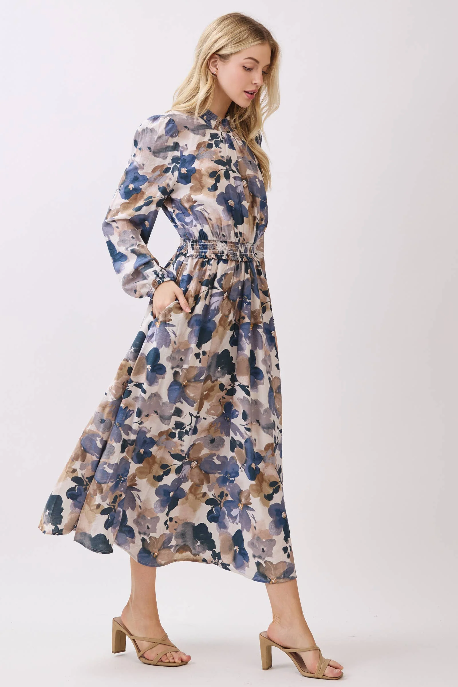 SMOCK NECK & WAIST RUFFLE MAXI FRONT SLIT DRESS: PURPLE BLUE - XAYUYUE