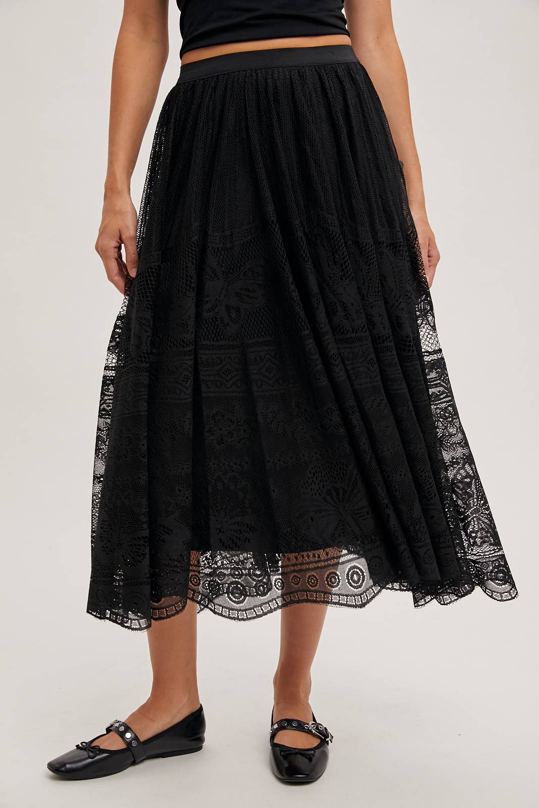 BOHO LACE MIDI SKIRT WITH LINING: Black - XAYUYUE