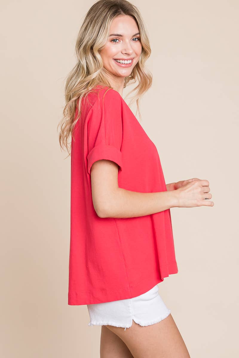 Plus Size Solid Cotton Casual Top: 2XL / Coral - XAYUYUE