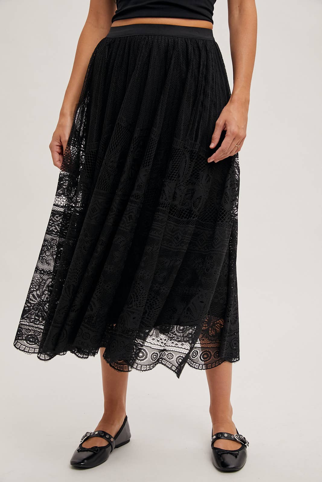 BOHO LACE MIDI SKIRT WITH LINING: Black - XAYUYUE
