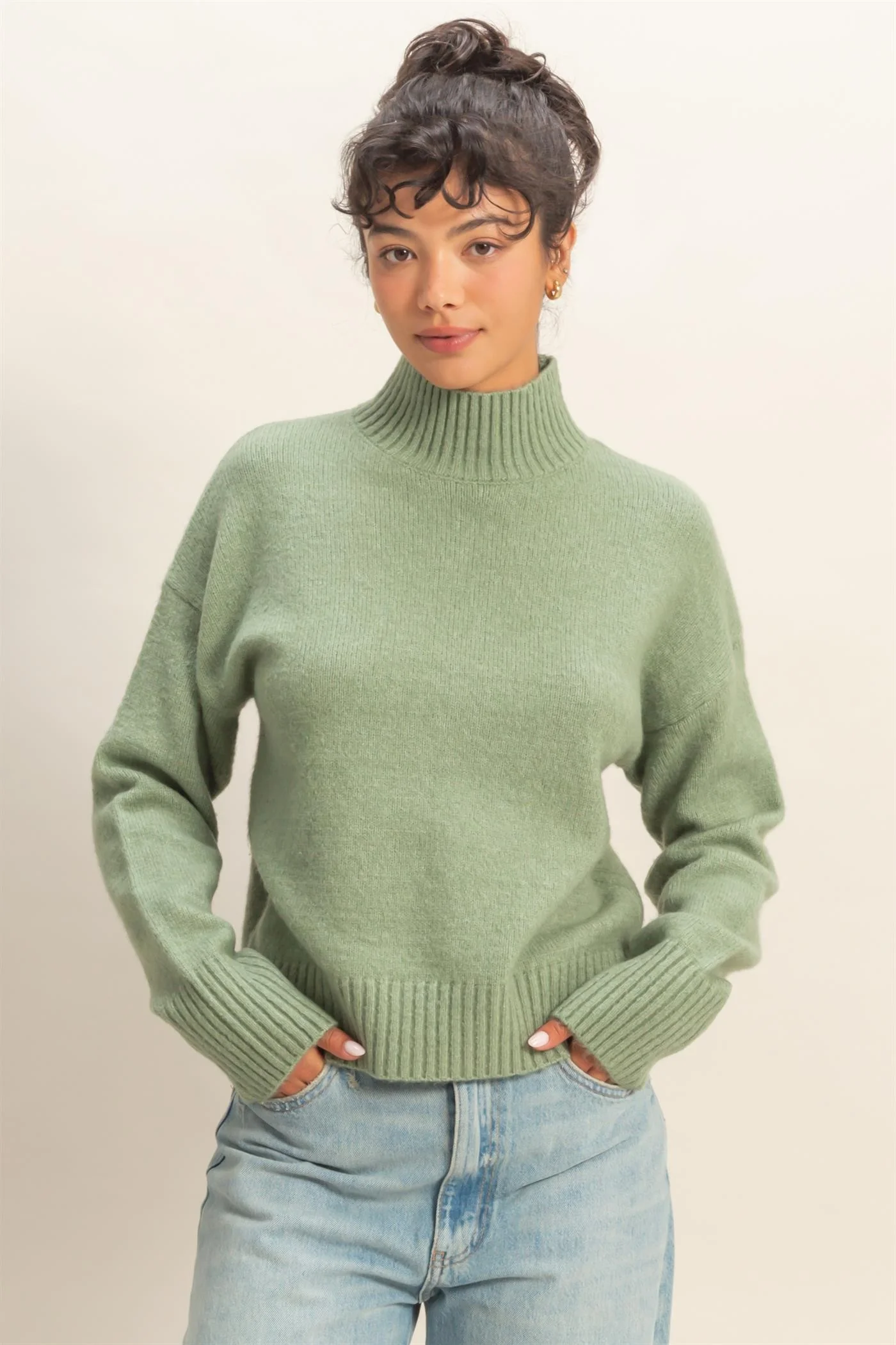 High Neck Drop Shoulder Sweater - XAYUYUE