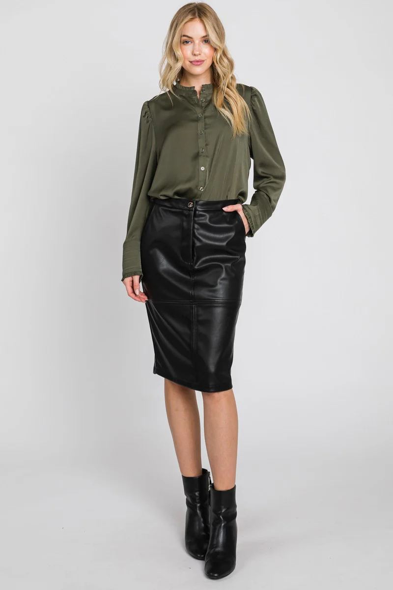 Faux Leather Midi Skirt - XAYUYUE