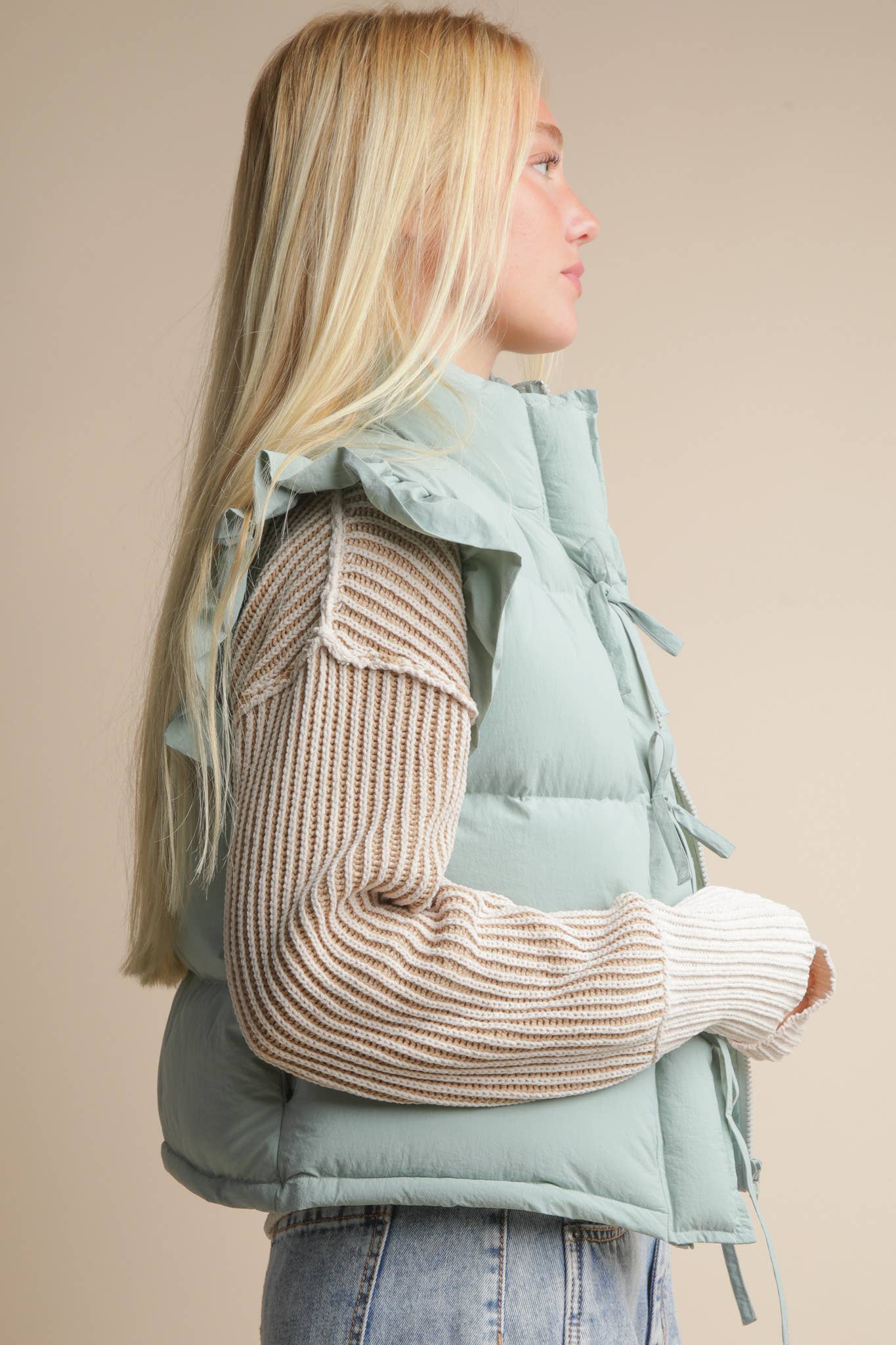 Front Bow Ruffle Sleeve Puffer Vest: SAGE - XAYUYUE