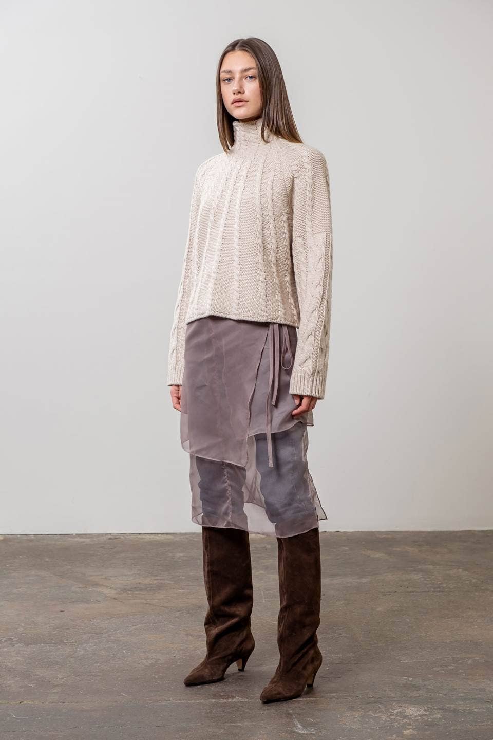 TURTLENECK CABLE KNIT SWEATER: OATMEAL - XAYUYUE