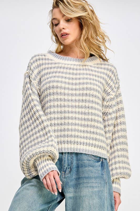 STRIPED CROPPED KNIT SWEATER TOP: Off white/Stone - XAYUYUE