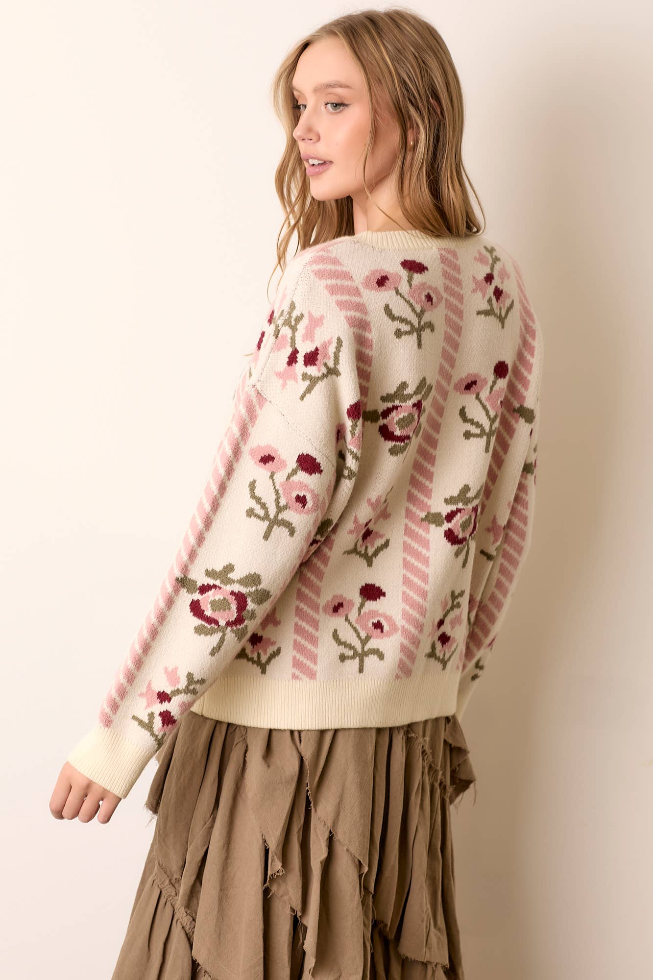FLORAL INTARSIA SWEATER CARDIGAN: CREAM / S - XAYUYUE