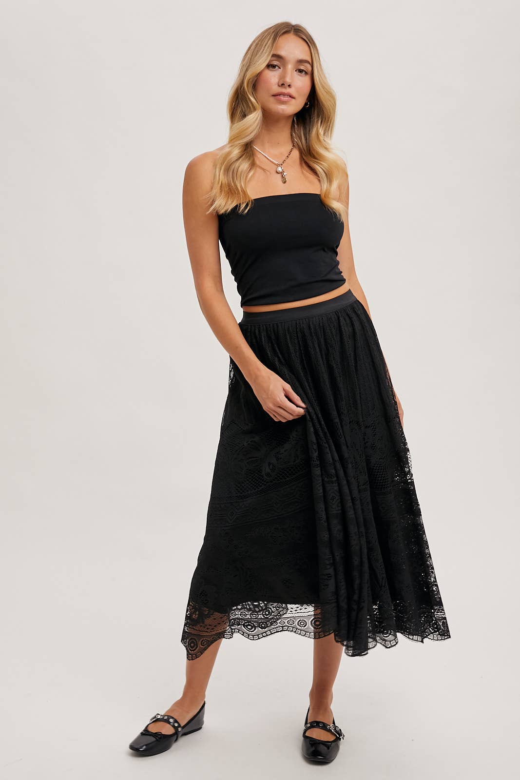 BOHO LACE MIDI SKIRT WITH LINING: Black - XAYUYUE