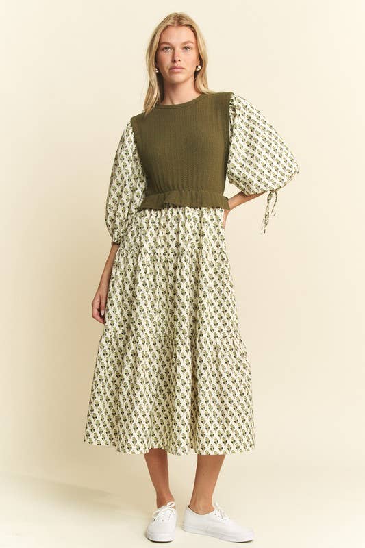 Floral Print Mixed Media Tiered Midi Dress : Olive - XAYUYUE