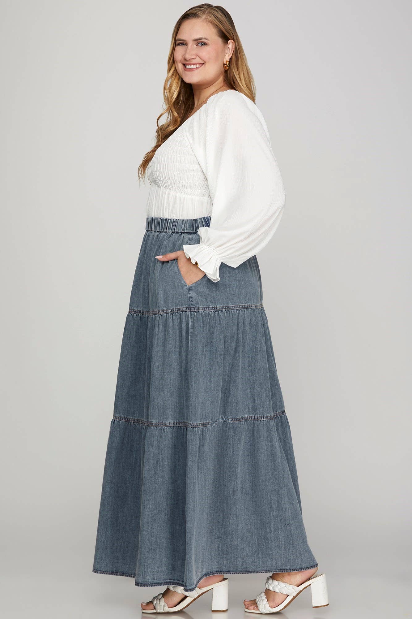 Plus Washed Denim Tiered Long Skirt: DENIM BLUE - XAYUYUE