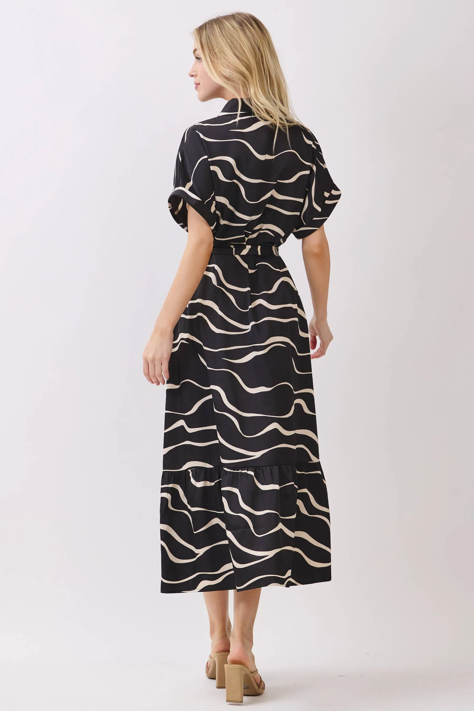 SATIN COLLARD BUTTON DOWN WAIST TIE MIDI DRESS: Black - XAYUYUE