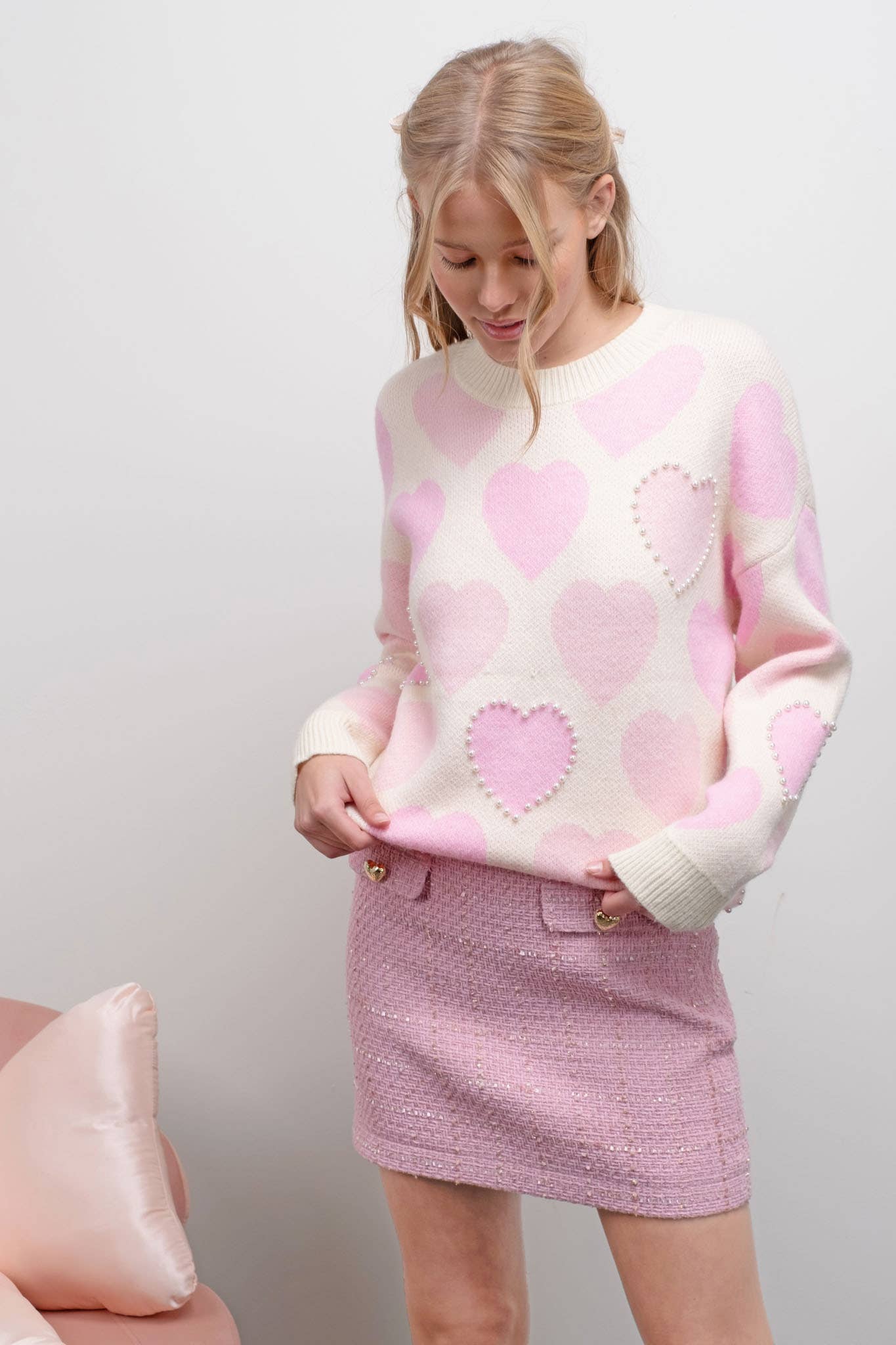 HEART PATTERN PEARL DETAIL KNIT SWEATER: IVORY - XAYUYUE