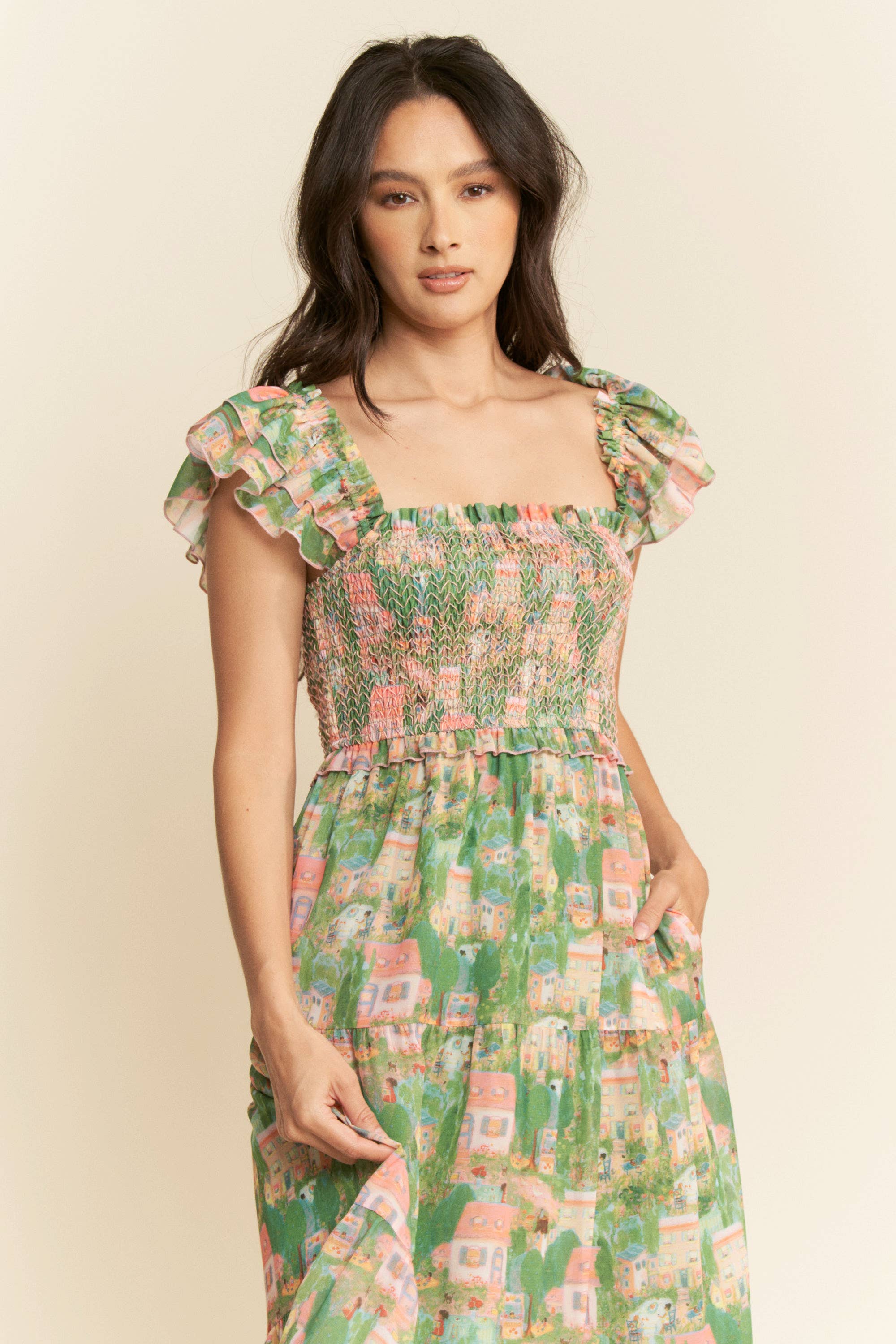VILLAGE SMOCKING BODICE RUFFLE SLEEVE MAXI DRESS: Pink green / S - XAYUYUE