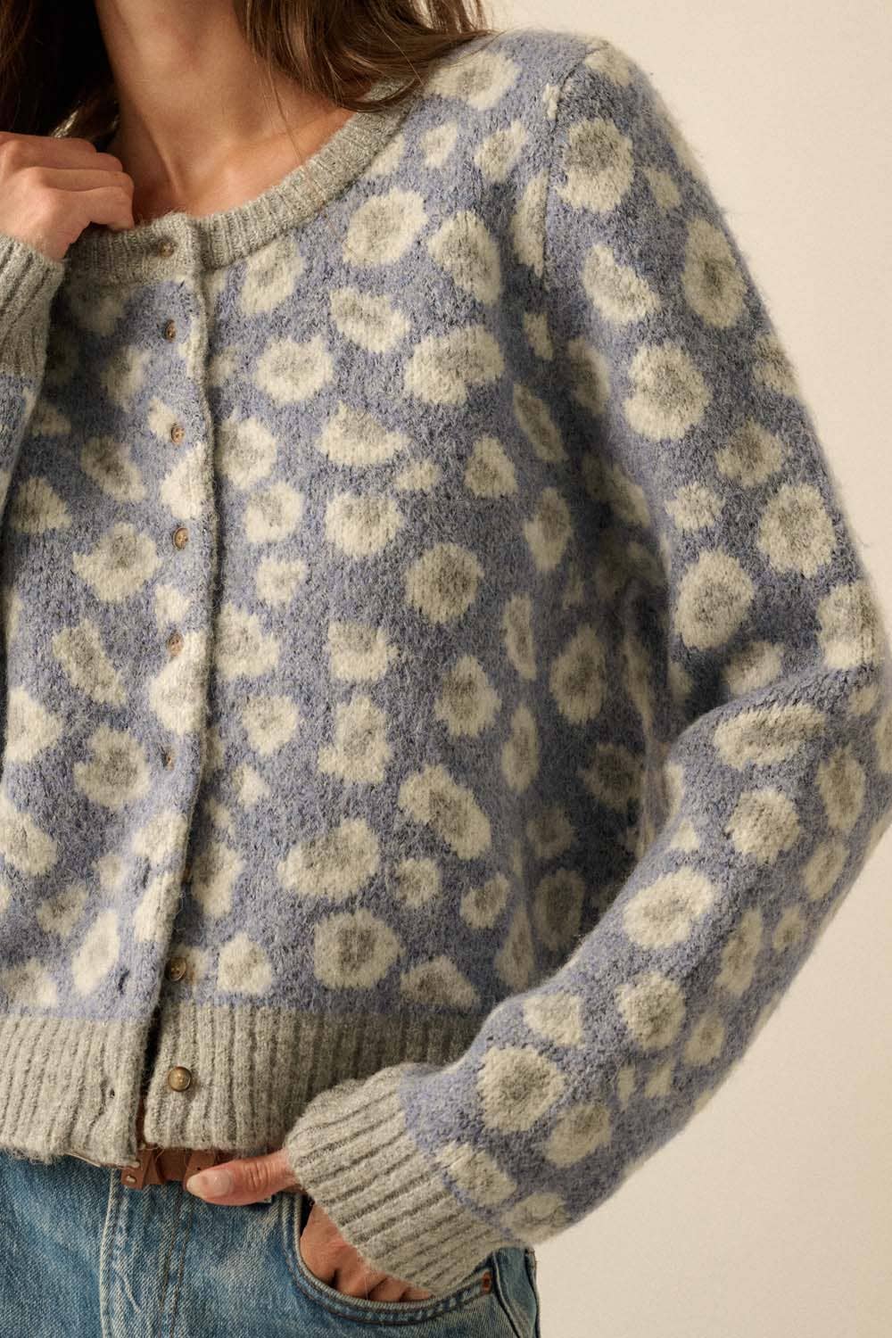 Leopard-Print Button-Front Cardigan: Retro Blue - XAYUYUE